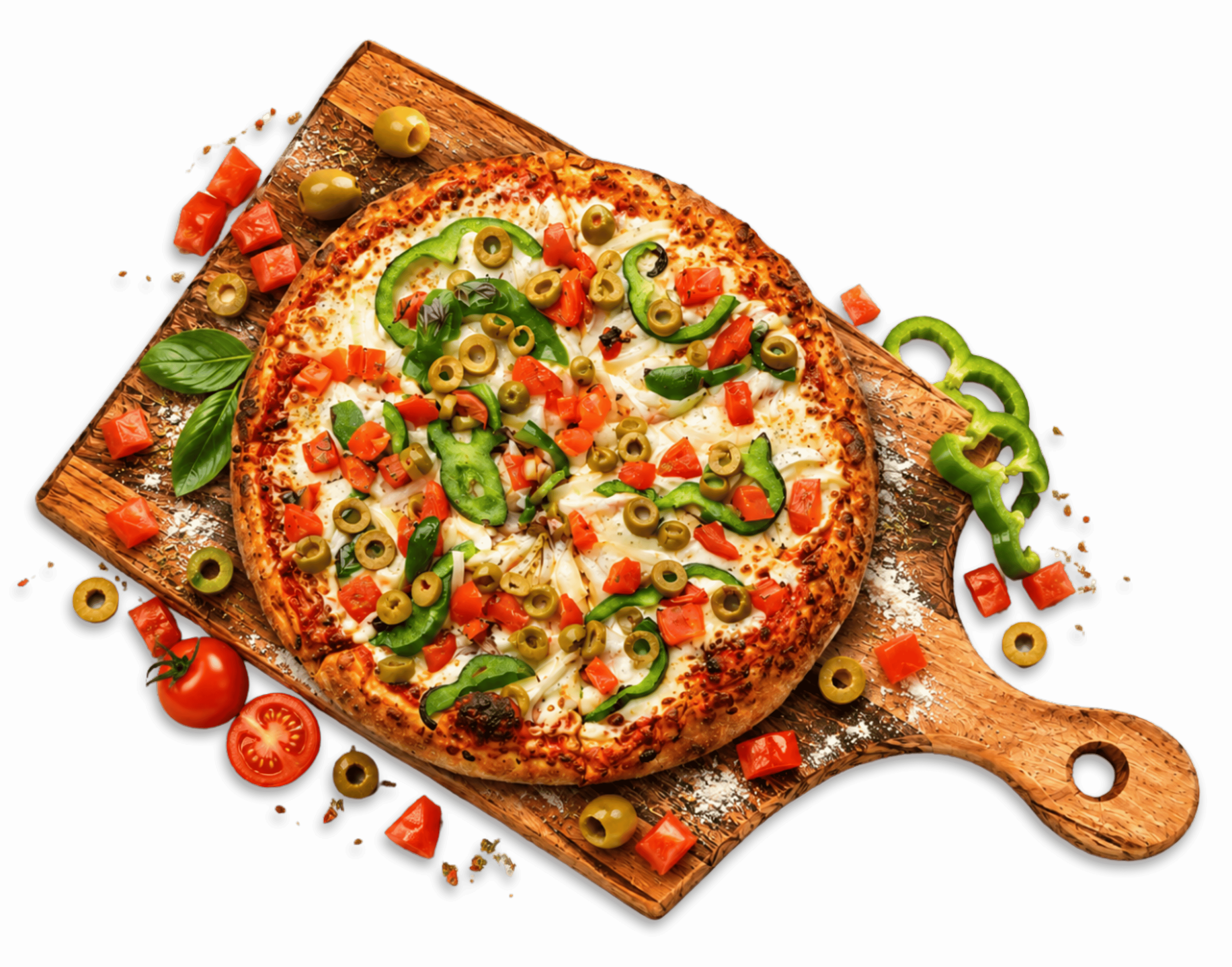 Pizza végétarienne de la Pizzeria Farnham sur une planche de bois