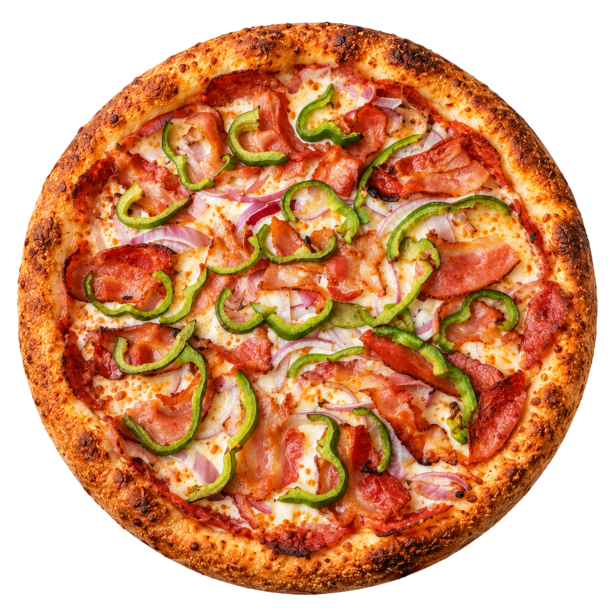 Pizza garnie de bacon, poivrons verts et oignons rouges